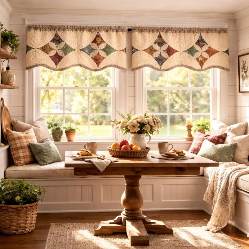 Heirloom Quilted Patchwork Valance 52x15 Cathedral Window Scalloped Cottagecore